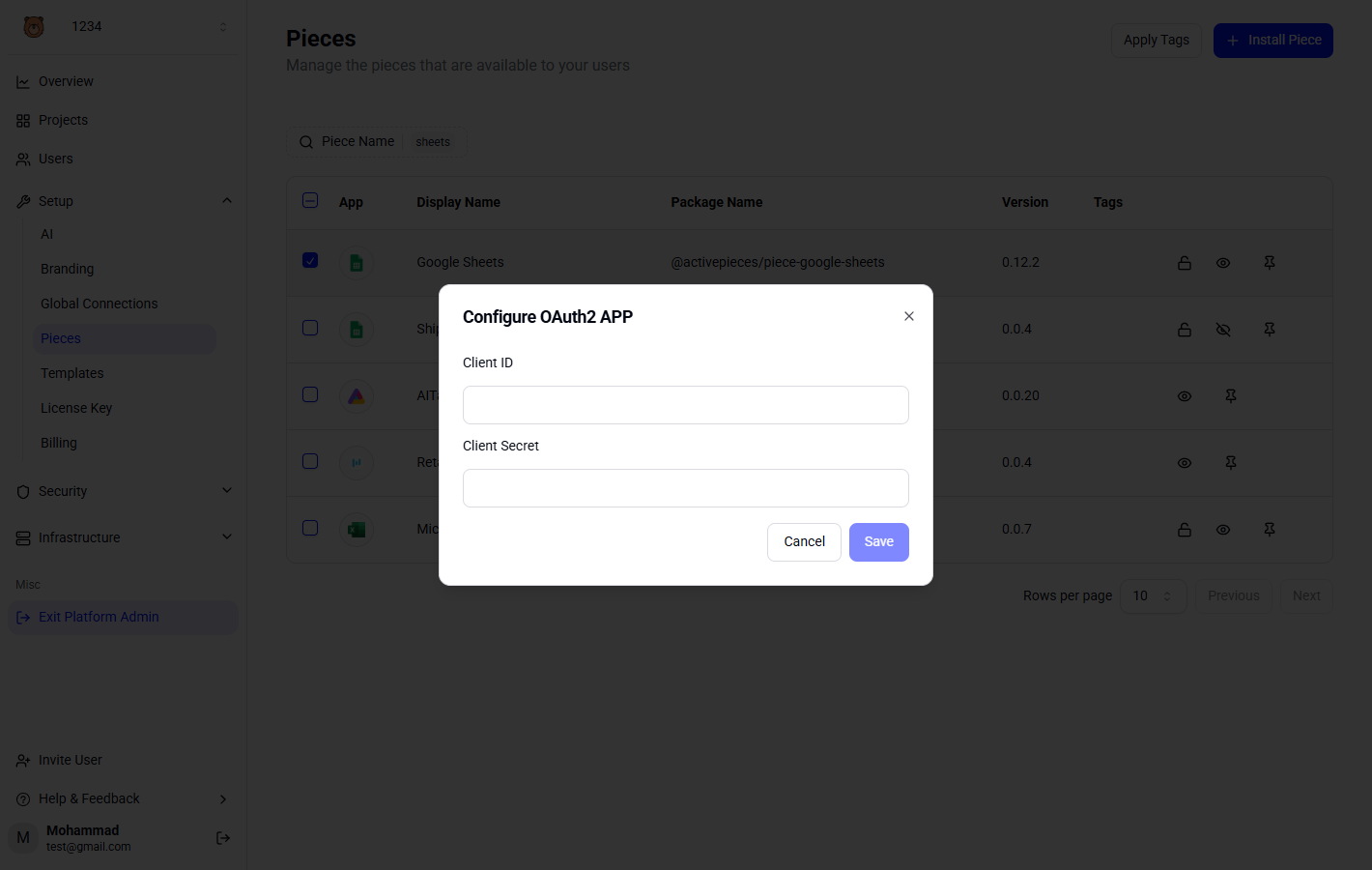 Manage Oauth2 apps